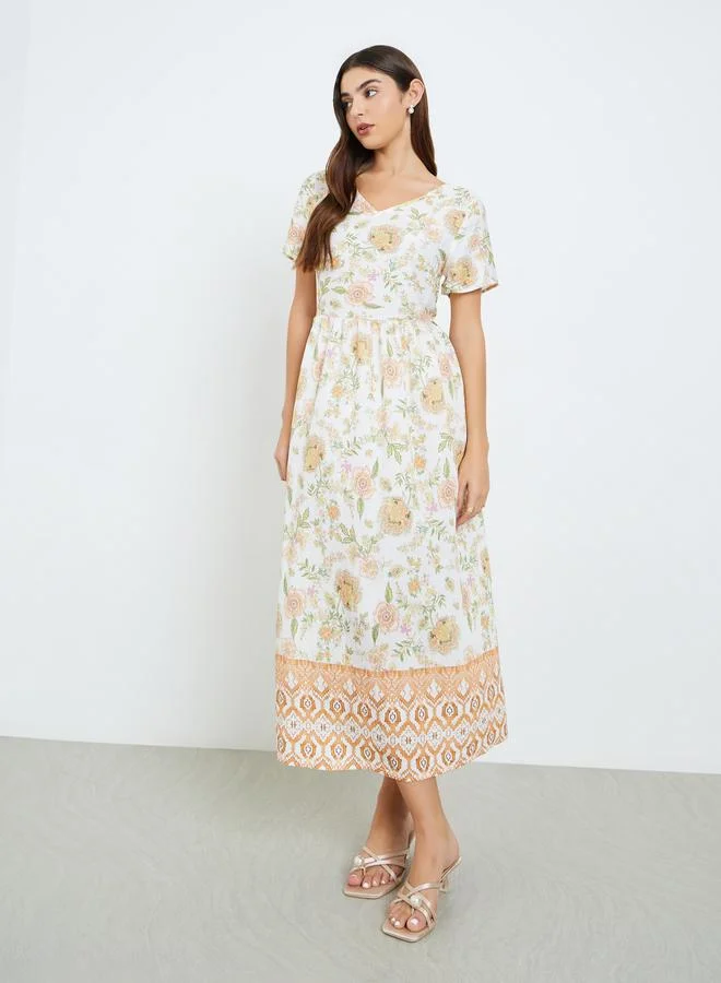 Styli Women Orange Floral Print A-Line Midi Dress